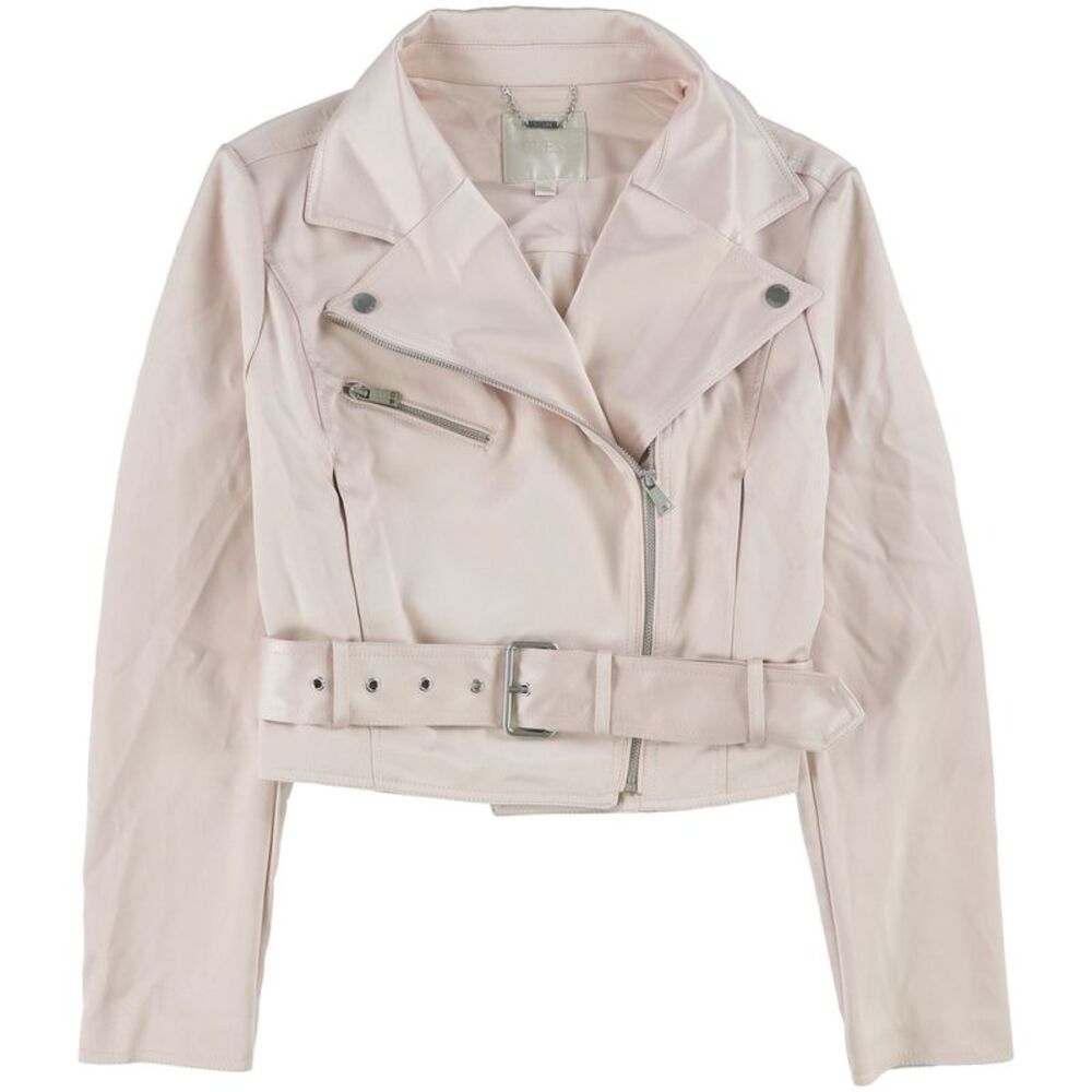GUESS Womens Satin Eco Luna Biker Jacket, Pink, L, DM